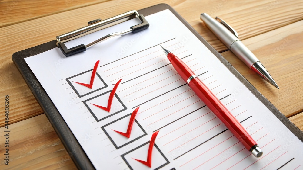 task checklist on clipboard with red checkmarks and pens for task organization, office supply task checklist on clipboard with red checkmarks and pens for task organization, office supply