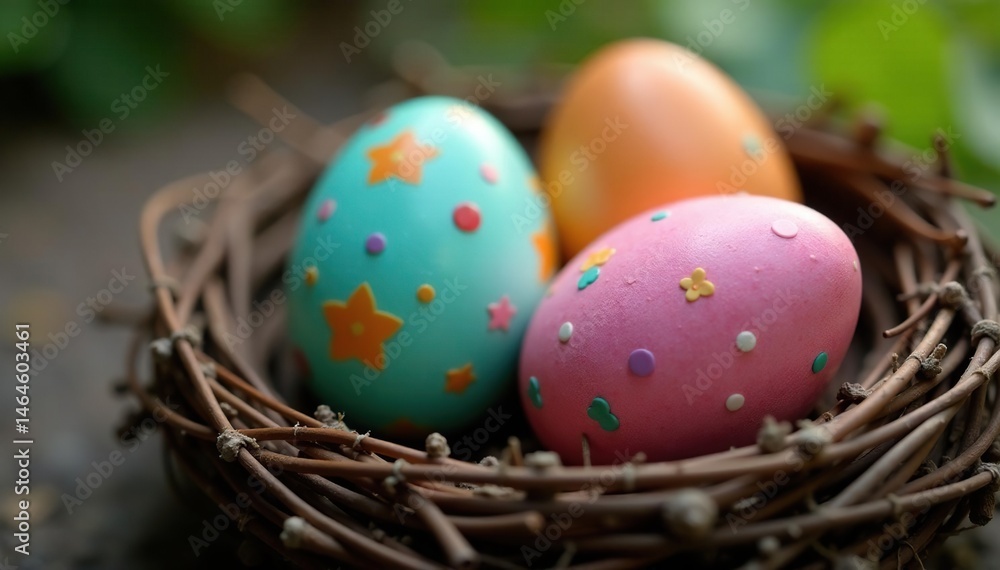 Close-up of decorated Easter eggs nestled in a bird's nest, woodland, wildlife, branch Close-up of decorated Easter eggs nestled in a bird's nest, woodland, wildlife, branch