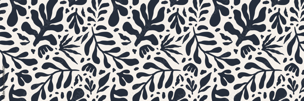 Simple abstract contemporary seamless pattern. Hand drawn flower and leaf shape textures in black and white. Abstact organic shape. Repeatable floral vibrant modern boho prints. Vector illustration