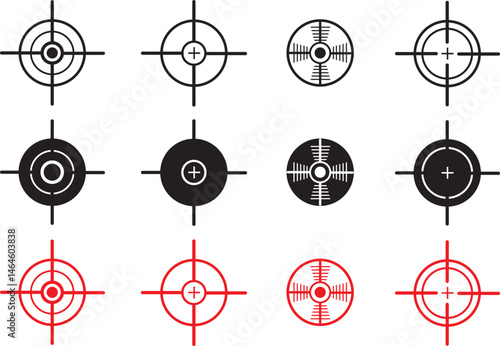 Target Vector Icon Set with Solid Black and Red Outline, Bullseye Aim Symbols Collection