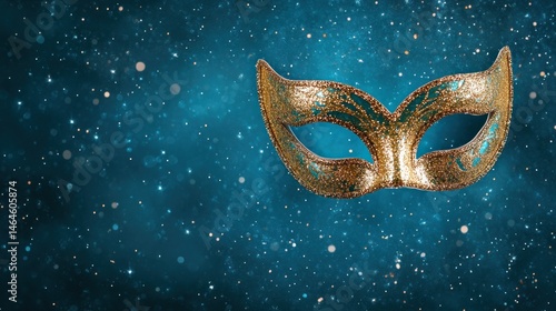 Gold masquerade mask on sparkling blue background festive event celebration holiday party photo