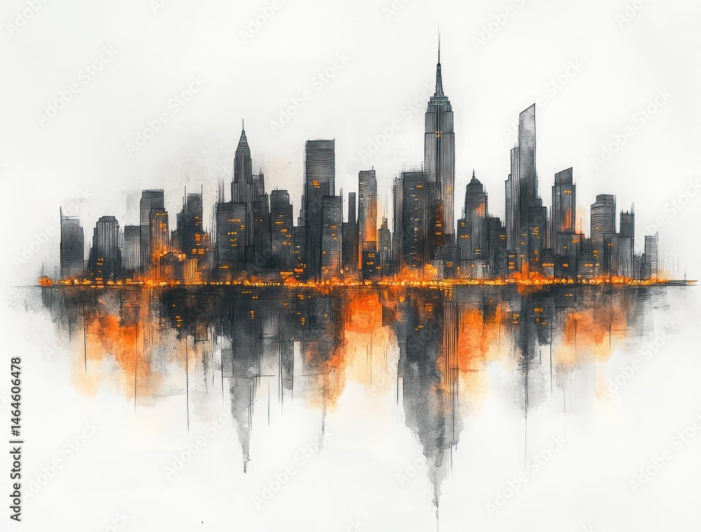 Obraz premium Abstract urban skyline illustration with vibrant orange highlights and reflections in a modern, artistic style