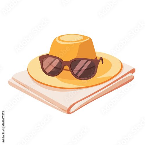 A Sun Hat And Sunglasses On A Towel 2D flat vector illustration, isolated on a white background.