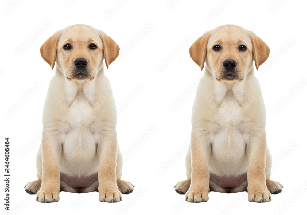 Photorealistic studio shot of two adorable yellow Labrador Retriever puppies sitting side-by-side, looking attentively at the camera with curious expressions. Clearly separated but close together. Photorealistic studio shot of two adorable yellow Labrador Retriever puppies sitting side-by-side, looking attentively at the camera with curious expressions. Clearly separated but close together.