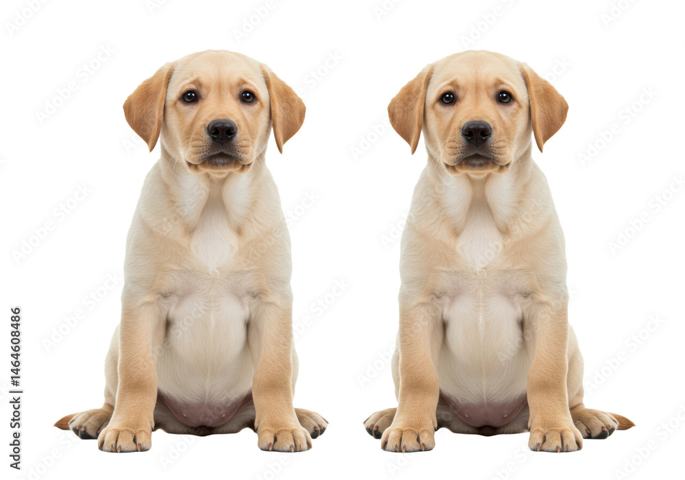 Photorealistic studio shot of two adorable yellow Labrador Retriever puppies sitting side-by-side, looking attentively at the camera with curious expressions. Clearly separated but close together. Photorealistic studio shot of two adorable yellow Labrador Retriever puppies sitting side-by-side, looking attentively at the camera with curious expressions. Clearly separated but close together.