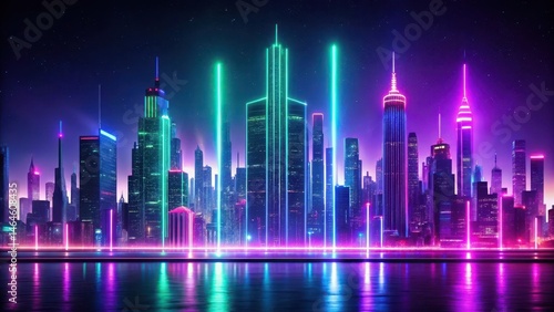 A vibrant neon light display with a purple and green background emits a mesmerizing glow on a dark surface, city lights, night scene