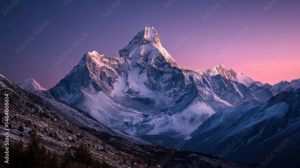 Fototapeta premium Majestic snow-capped mountain peak at sunrise with pink-purple sky, dramatic lighting highlighting textures and contours.