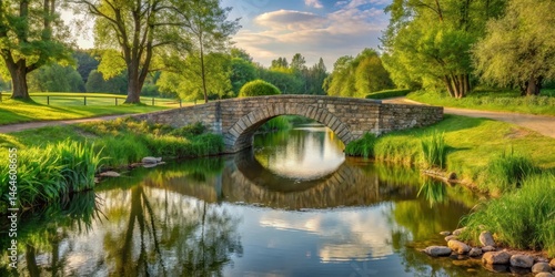 Pond crossing path on stone bridge over babbling brook in countryside scene, serene countryside, rural scenery