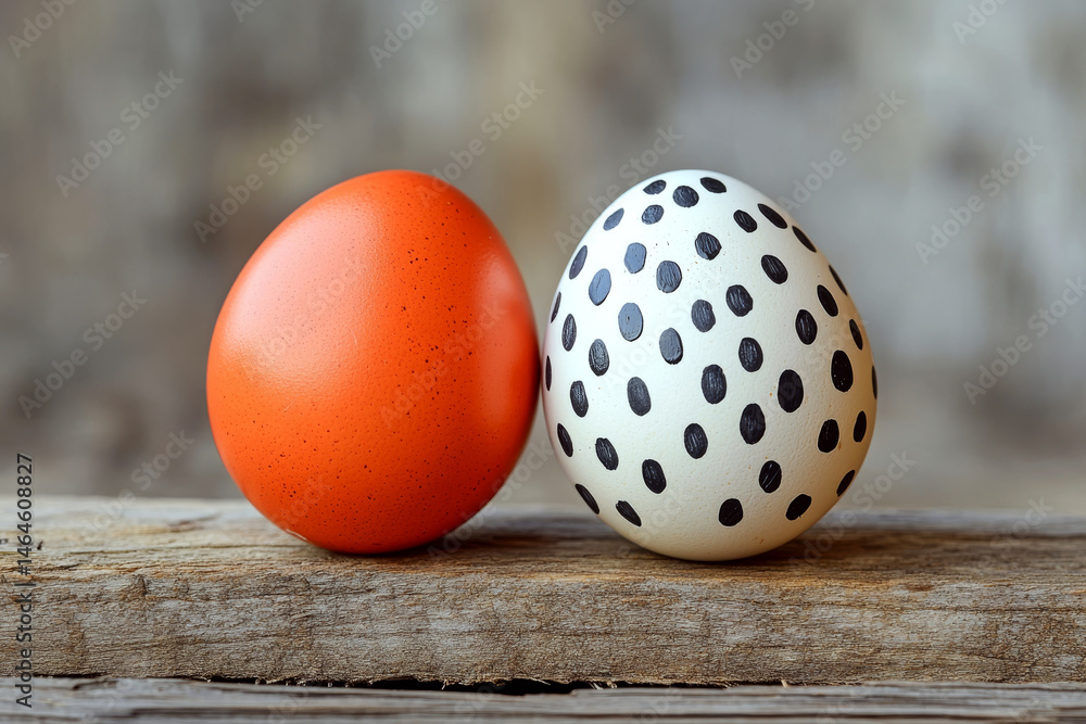 Two eggs, one red and one white with black spots, stand on a wooden surface. Concept of color contrast and patterns. For decoration idea photo.
