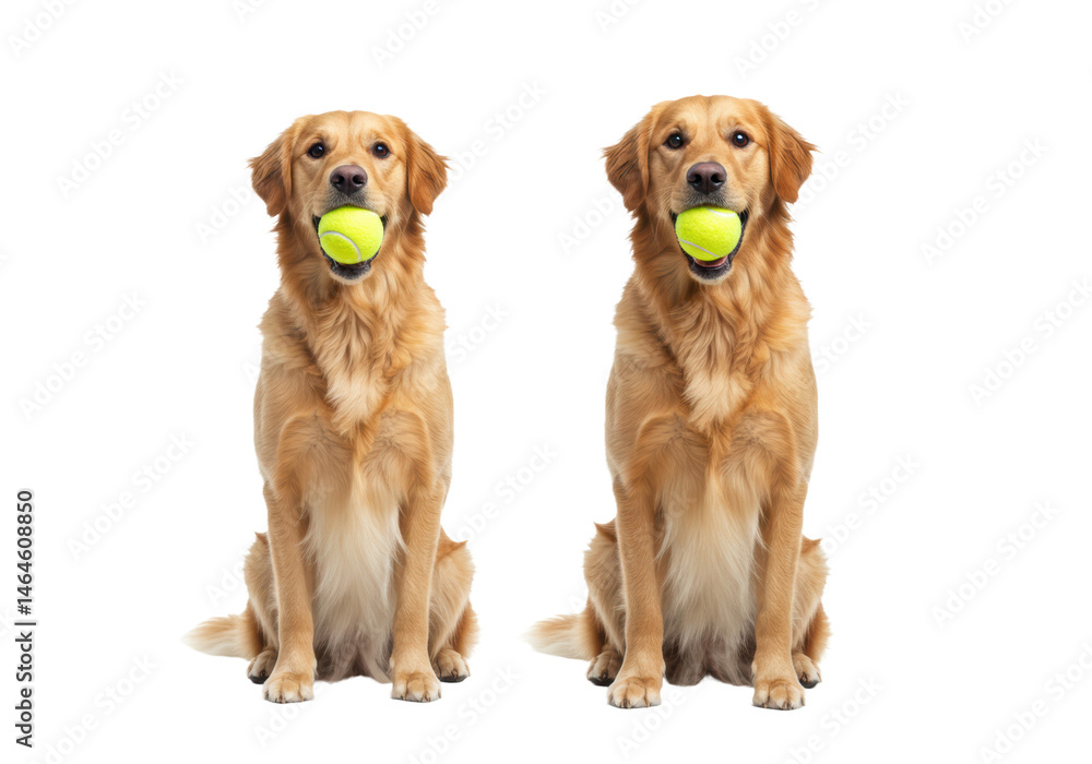 Photorealistic studio shot of two happy Golden Retrievers sitting side-by-side, one gently holding a standard yellow tennis ball in its mouth, looking towards the camera. Clearly separated dogs. Photorealistic studio shot of two happy Golden Retrievers sitting side-by-side, one gently holding a standard yellow tennis ball in its mouth, looking towards the camera. Clearly separated dogs.