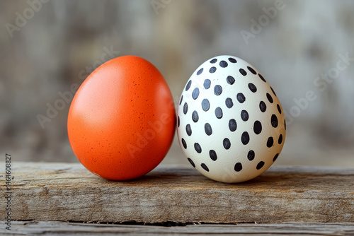 Obraz na płótnie Two eggs, one red and one white with black spots, stand on a wooden surface. Concept of color contrast and patterns. For decoration idea photo. w salonie