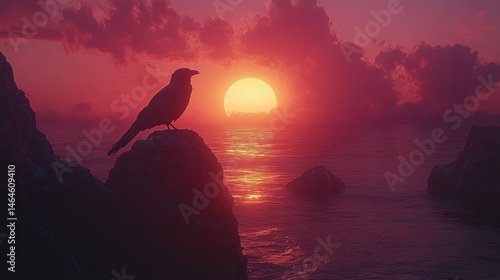 Silhouette crow on rock at sunset over water