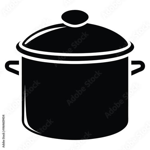 A lidded black pot features curved handles and sits still isolated in view