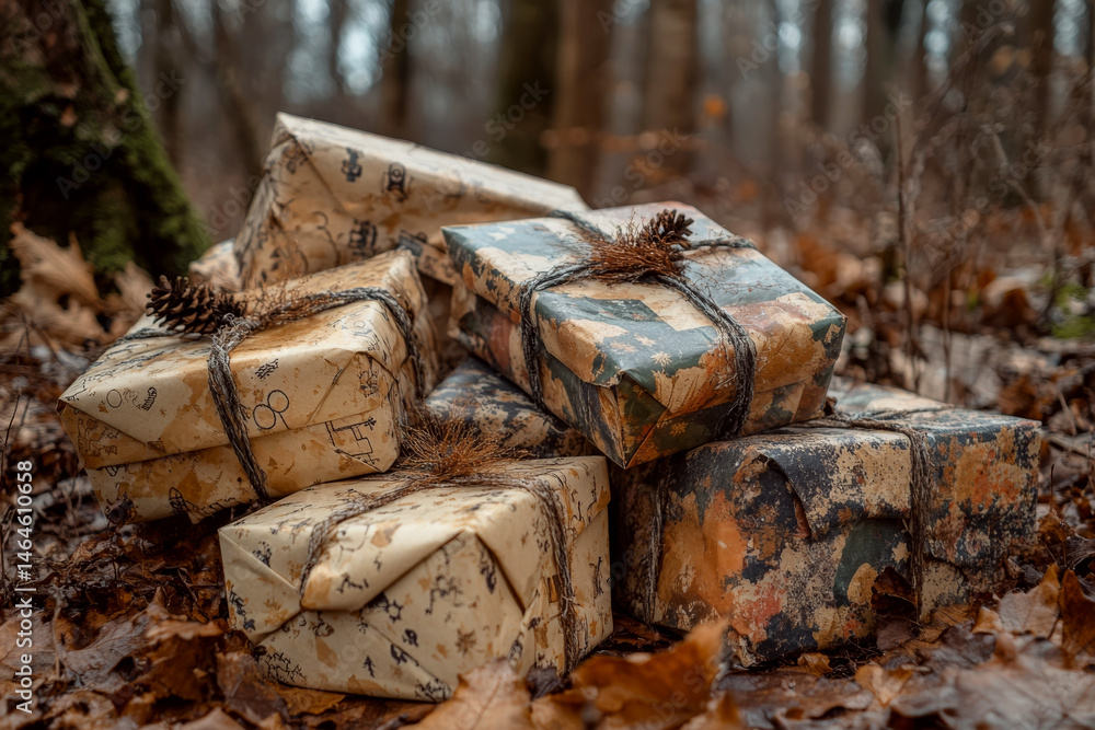 Packages wrapped in rustic paper with twine lie on forest ground. Concept of nature-themed gift-giving. For seasonal celebration photo.