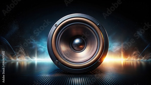 A high-quality audio speaker placed on a sleek black background with subtle lighting effects, creating an immersive atmosphere for music lovers, soundwave, black background