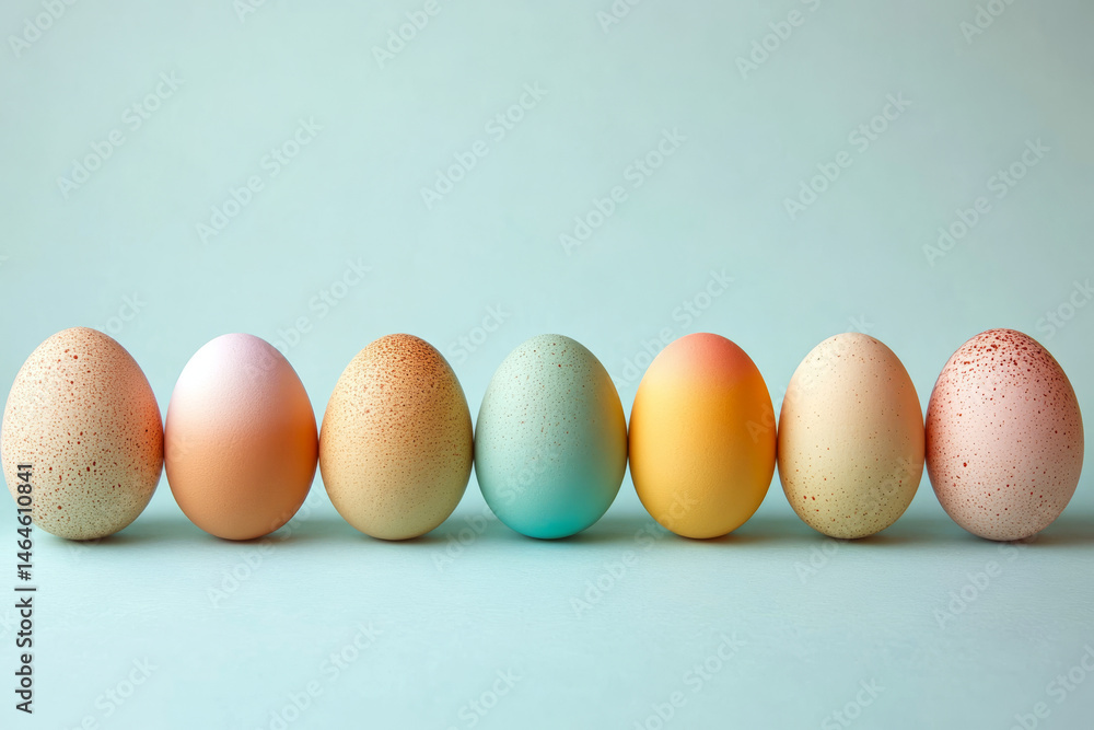 Seven pastel-colored eggs are lined up against a light blue background. Concept of simplicity and uniformity in design. For festive decoration photo.