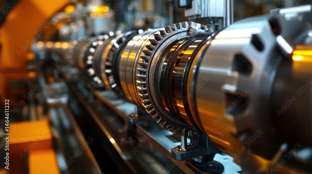 Close-up of intricate industrial machinery components, gears, and bearings aligned on a metal track. Precision engineering and automated manufacturing process. Close-up of intricate industrial machinery components, gears, and bearings aligned on a metal track. Precision engineering and automated manufacturing process.