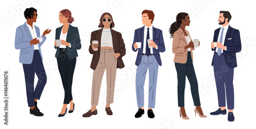 Flat vector illustration of business people in formal clothes having coffee break, communicating, talking, standing full length. Men and women in suits isolated on transparent background
