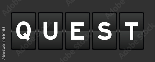 Black color analog flip board with word quest on gray background