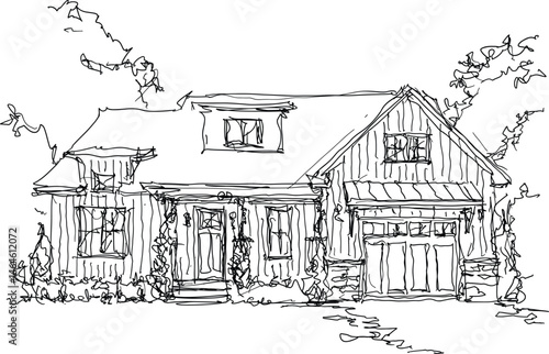 hand drawn architectural sketch of beautiful classic detached village house with garden  and trees