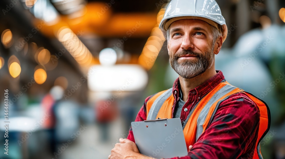 Worker in safety gear confidently standing indoors at a construction site with a clipboard preparing for upcoming tasks during the day Worker in safety gear confidently standing indoors at a construction site with a clipboard preparing for upcoming tasks during the day