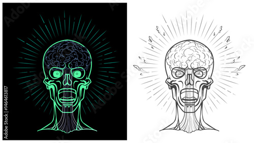 A set of vector images. An illustration. Brain explosion. Information attack, war, reaction. News, doomscrolling, caricature.

