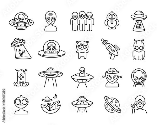 Alien icons. Large set of alien and UFO trendy minimal icons. Flying Saucer, Ray Gun, Abduction, Alien Head, UFO Desert, Robot, Planet icon. Vector illustration.
