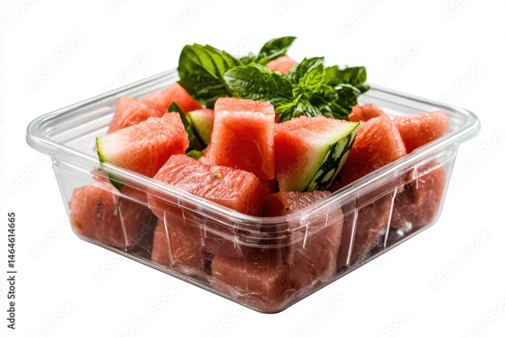 Prepackaged watermelon chunks fresh produce section food photography clean background top-down view healthy snacking concept Prepackaged watermelon chunks fresh produce section food photography clean background top-down view healthy snacking concept