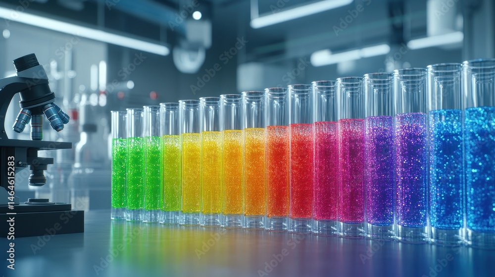 Colorful liquids in test tubes with microscope science research laboratory background Colorful liquids in test tubes with microscope science research laboratory background