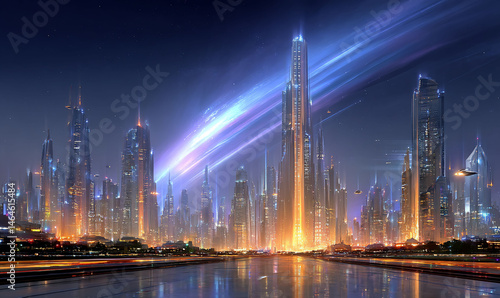 Wallpaper Mural Futuristic city landscape with tall, illuminated skyscrapers and glowing light trails Torontodigital.ca