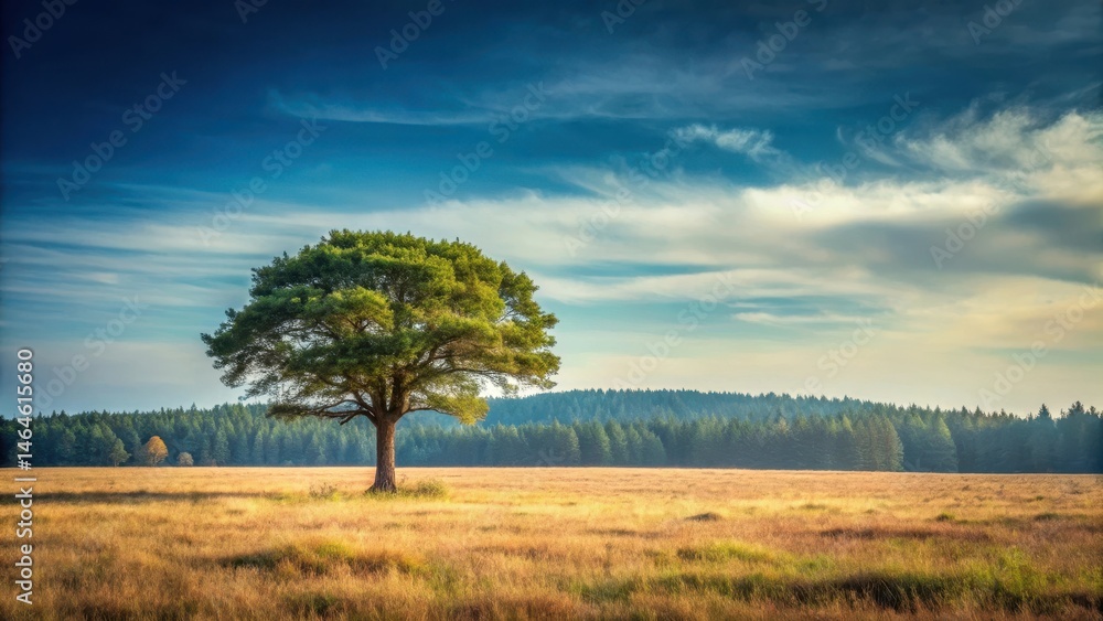 Desolate forest landscape with a single tree standing alone in the distance, vastness, quiet, vastness, quiet Desolate forest landscape with a single tree standing alone in the distance, vastness, quiet, vastness, quiet