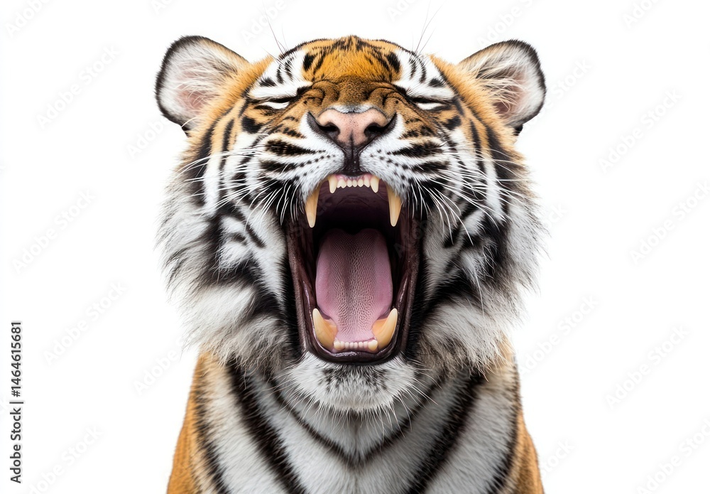 Obraz premium Majestic tiger roaring fiercely with open mouth and striking facial features on a clean white background