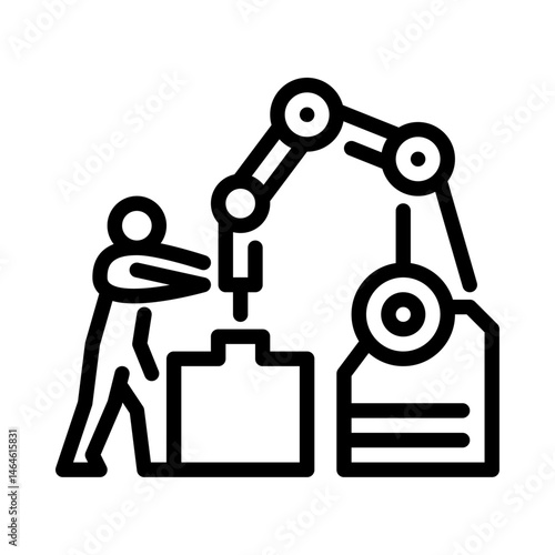 robot worker and worker outline icon. factory activity line art illustration.