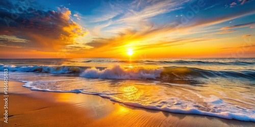 Fototapeta Naklejka Na Ścianę i Meble -  A serene wave gently lapping against the shoreline as a vibrant sunrise breaks over the horizon, casting a warm golden light on the sea and sky , blue, sunrise