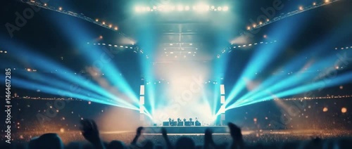 Full shot loop a concert stage illuminated with dynamic blue and orange lighting beams, Large crowd fills the stands