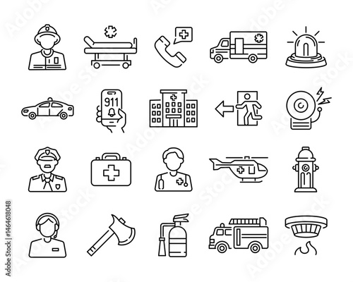 Emergency icons. Set of 20 emergency trendy minimal icons. Example: Firefighter, Ambulance, Police, Alarm, Hospital icon. Design signs for web page, mobile app, packaging design. Vector illustration.
