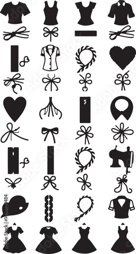 A detailed vector silhouette set of sewing icons on a white background, including various types of stitches, fabric textures, and dressmaking patterns, all in a clean, modern design.