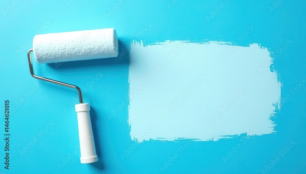 Obraz premium White paint roller on blue wall background Copy space , DIY, tool