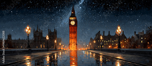 Iconic landmark glows brightly at night, city lights reflected on wet streets, under a starry sky