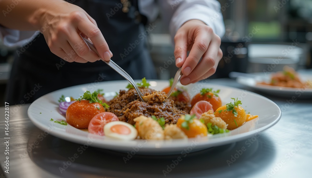 Professional cook arranging food on plate. Professional cook arranging food on plate.