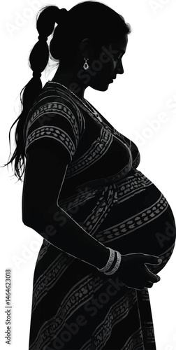 Silhouette of a pregnant Indigenous woman in traditional clothing, holding a baby carrier, white background, vector art..