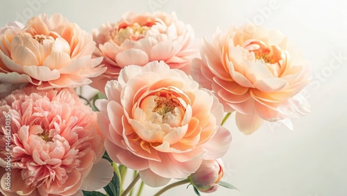 Fototapeta Naklejka Na Ścianę i Meble -  Delicate Coral peony flowers with intricate petals and subtle color variations on a soft white background, flower close-up, natural beauty