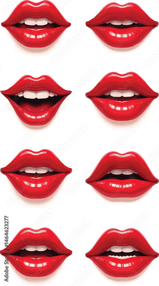 Vector art icons showcasing various expressions of beautiful red lips, including smiling, puckered, and neutral expressions, all in a vibrant red hue. The background is a stark white, emphasizing the Vector art icons showcasing various expressions of beautiful red lips, including smiling, puckered, and neutral expressions, all in a vibrant red hue. The background is a stark white, emphasizing the