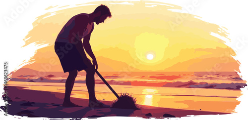 Vector art silhouette of a Caucasian man digging a hole on a beach at sunset, wearing shorts, white background.