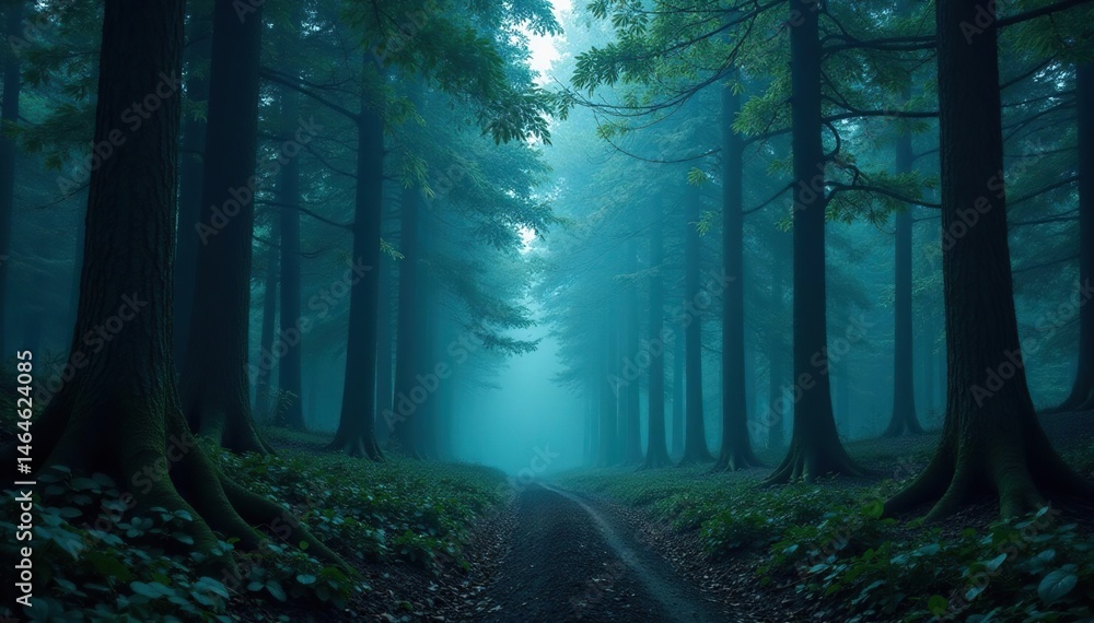 Fototapeta premium Dark, mysterious forest, towering trees, dense canopy, twilight, eerie, roots