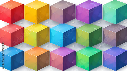 Colorful cubes. Set of 14 rainbow colored cubes in a row. Isolated vector illustration on white background.