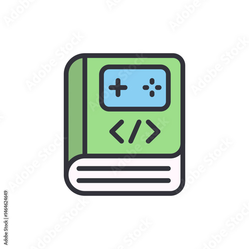 Game development textbook icon, learning coding for creating digital games
