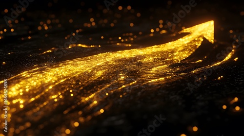 Abstract glowing golden arrow trajectory on dark surface.
