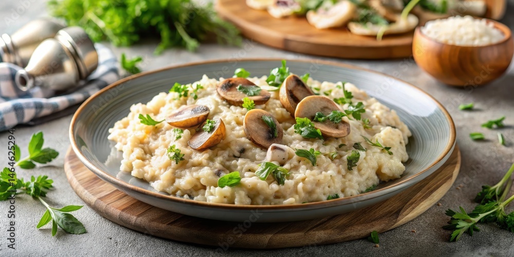 Creamy white mushroom risotto with fresh parsley and thyme on a modern plate, topped with grated parmesan cheese , food Creamy white mushroom risotto with fresh parsley and thyme on a modern plate, topped with grated parmesan cheese , food