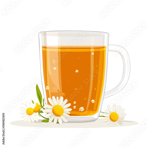 Chamomile Tea 2D flat vector illustration, isolated on a white background.